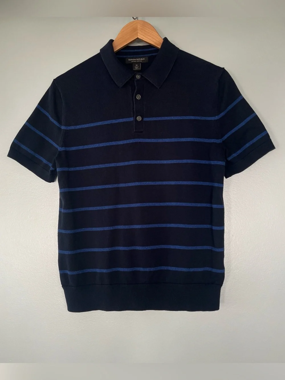 Banana Republic Men's Navy Blue Striped 100% Supima Cotton Polo Shirt Y2K Style